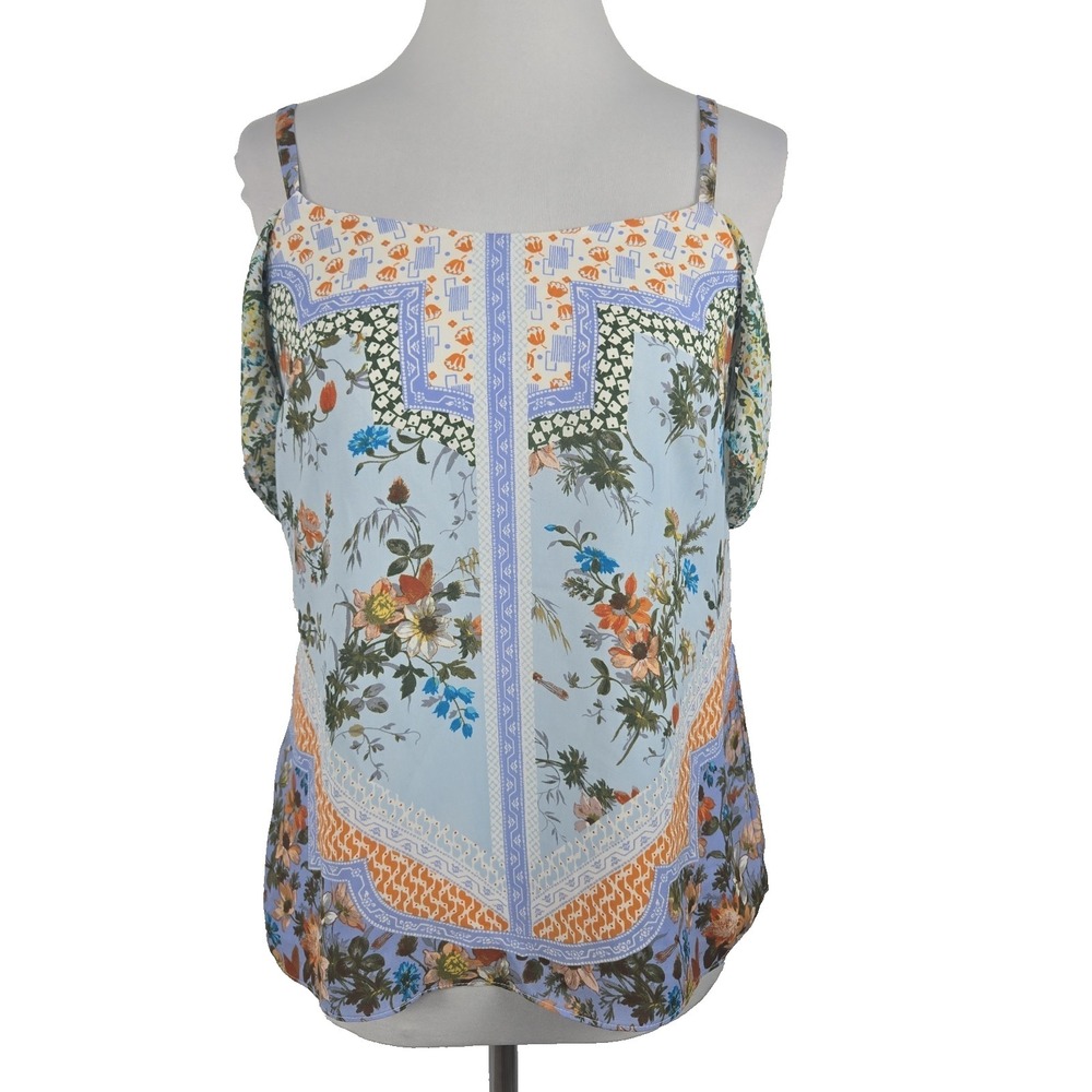 Oasis Women's‎ 10 Blue Floral Chiffon Cold Shoulder Blouse Top Lined